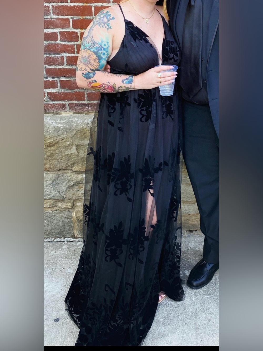 Luxxel Black Floral Velvet-Overlay Maxi Dress